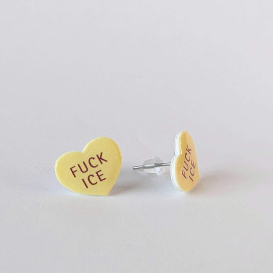 Conversation Heart "FUCK ICE" earrings in yellow or green