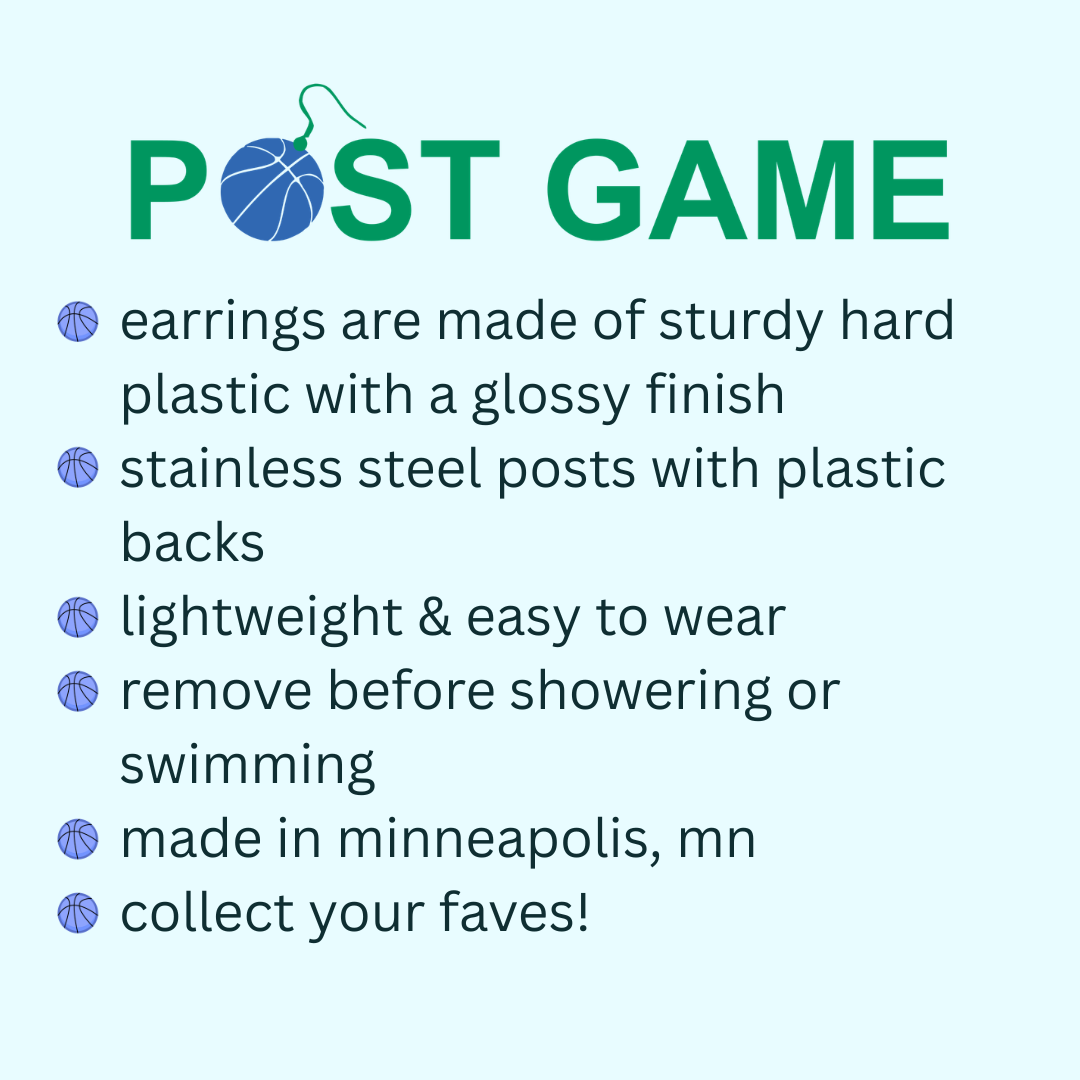 Product description for earrings on a light blue background with 'POST GAME' branding.