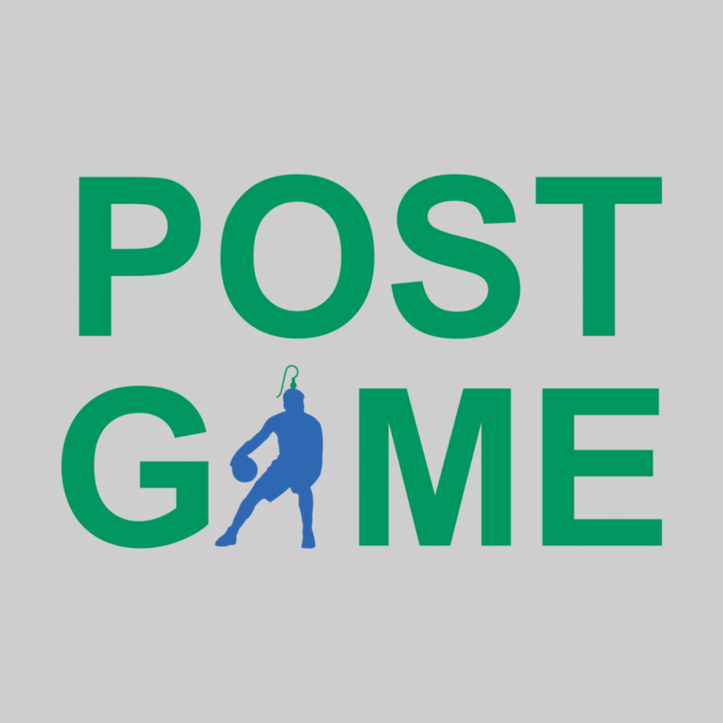 Green text 'POST GAME' with a blue silhouette of a basketball player on a gray background