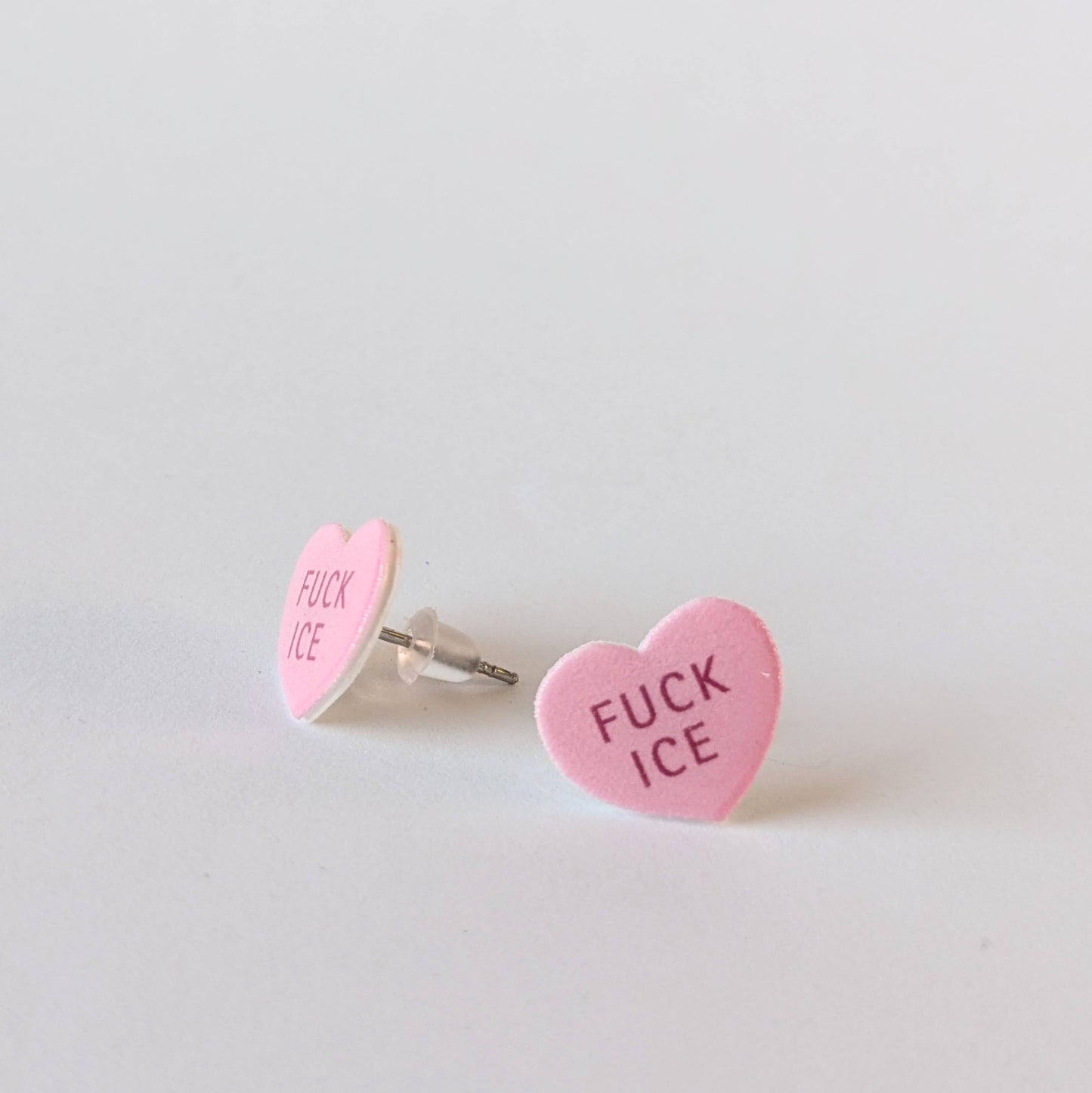 Conversation Heart "FUCK ICE" earrings in pink