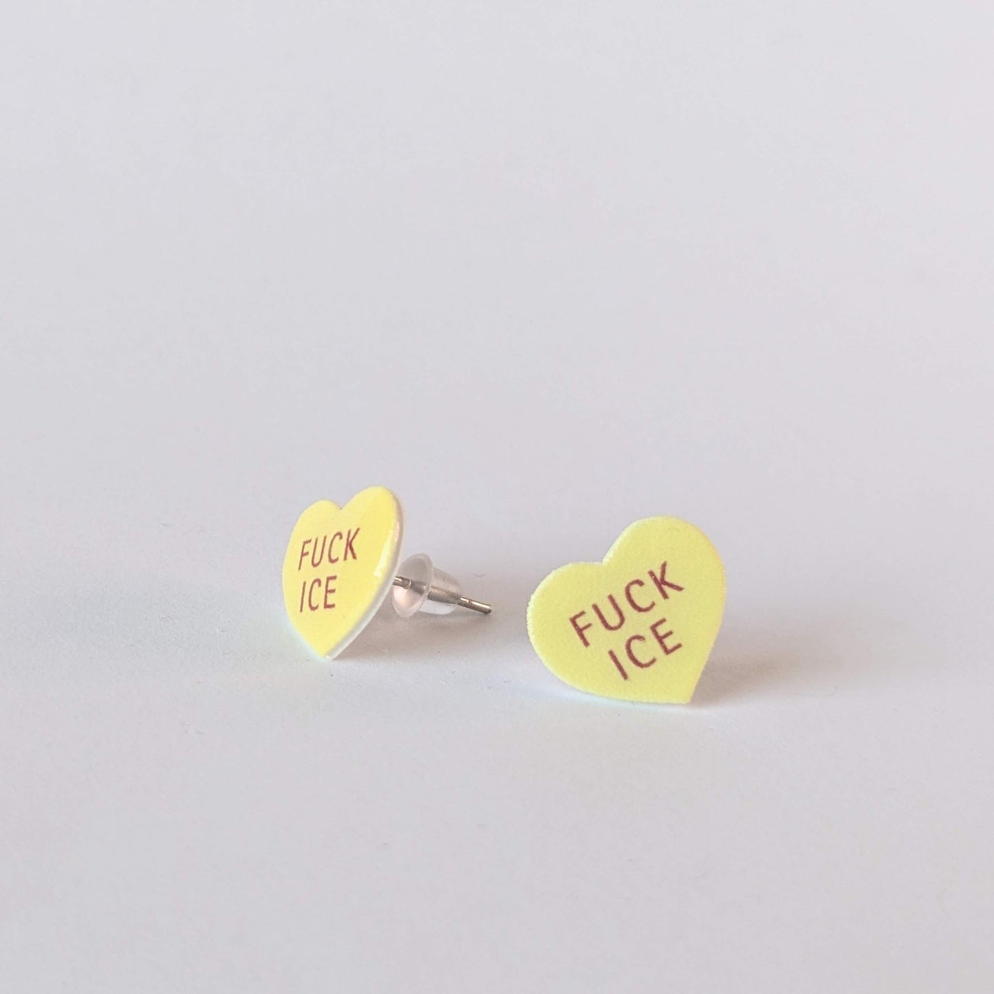 Conversation Heart "FUCK ICE" earrings in yellow or green