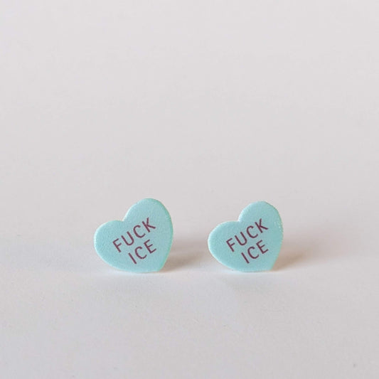 Conversation Heart "FUCK ICE" earrings in orange or blue
