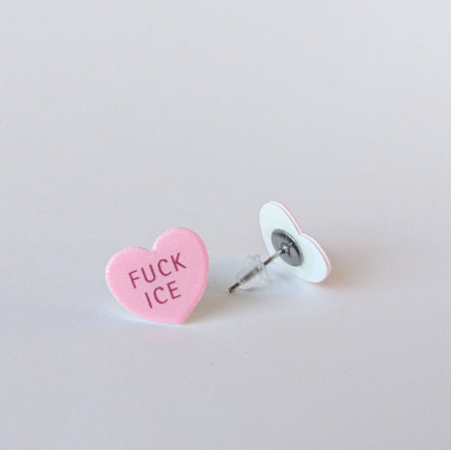 Conversation Heart "FUCK ICE" earrings in pink