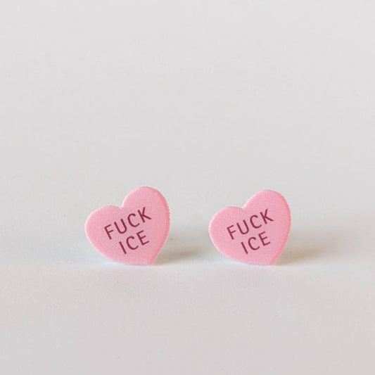 Conversation Heart "FUCK ICE" earrings in pink