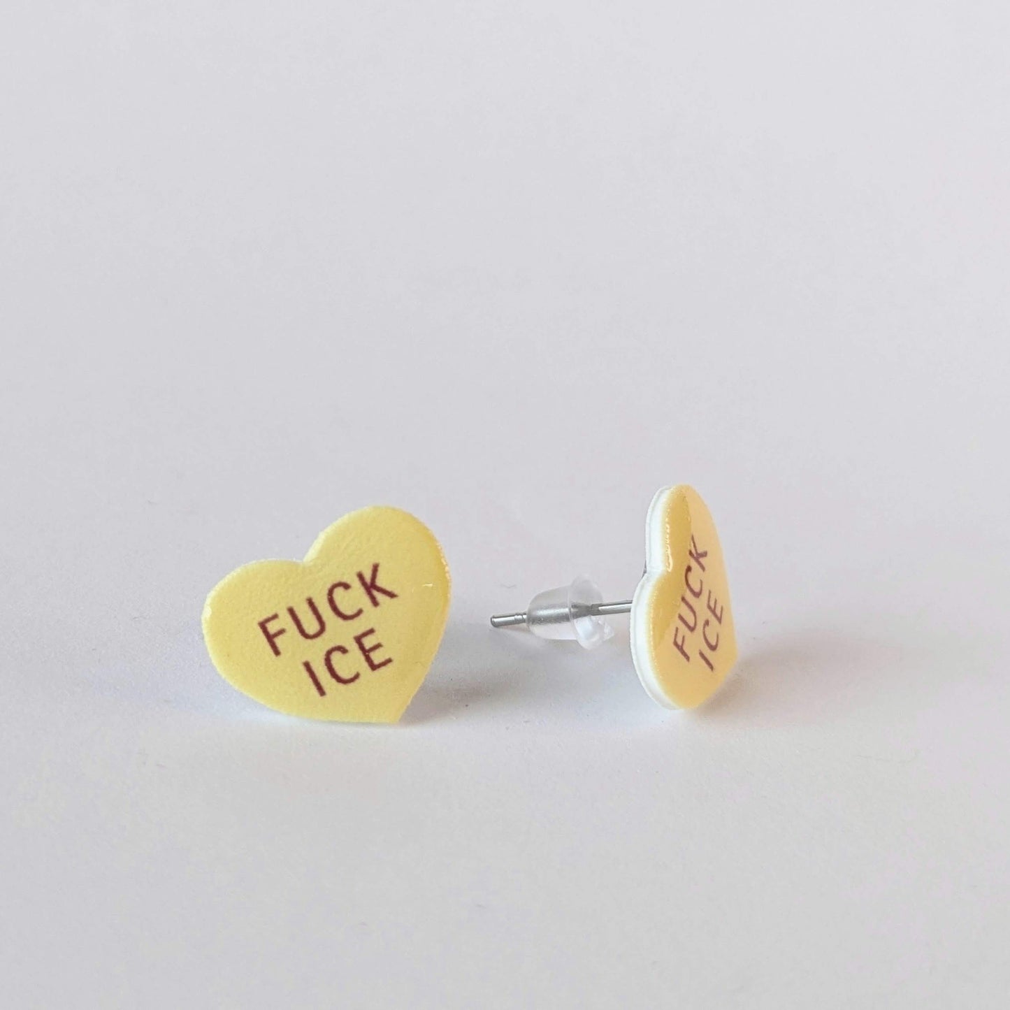 Conversation Heart "FUCK ICE" earrings in yellow or green