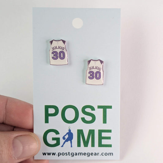 Two small basketball jersey earrings on a 'Post Game' branded card.