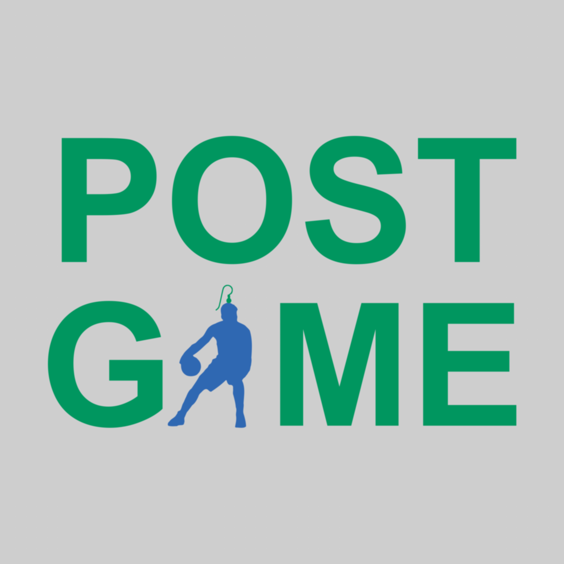 Green text 'POST GAME' with a blue silhouette of a basketball player on a gray background
