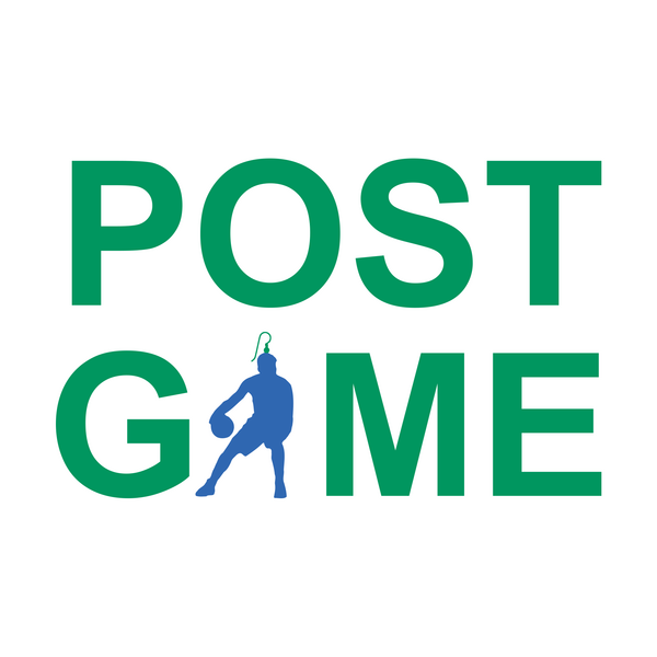 Green text 'POST GAME' with a blue silhouette of a person holding a trophy on a white background