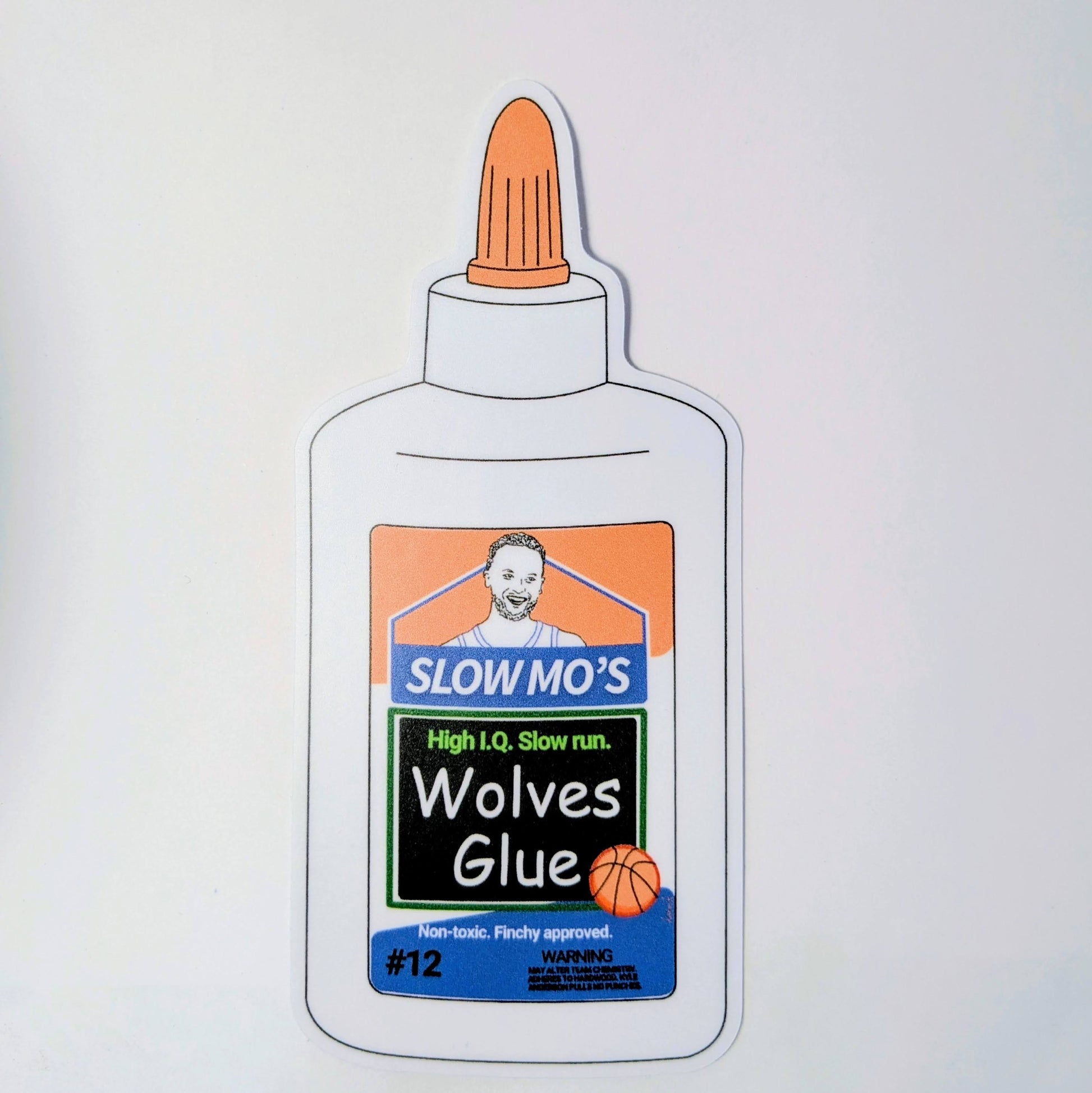 Cartoon-style bottle of glue with 'Slow Mo's Wolves Glue' label on a white background