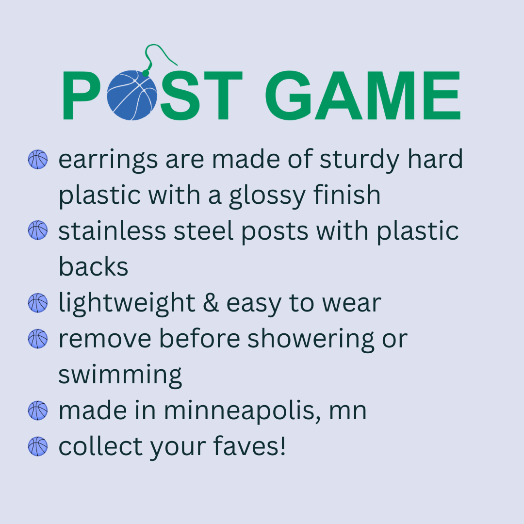 Product description text for earrings on a light blue background with 'POST GAME' branding.