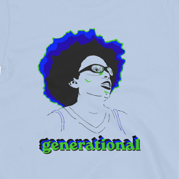 A light blue t-shirt featuring a graphic print of Olivia Miles with a blue and green gradient afro hairstyle, black glasses, with the word 'generational' written below in green with a black outline.