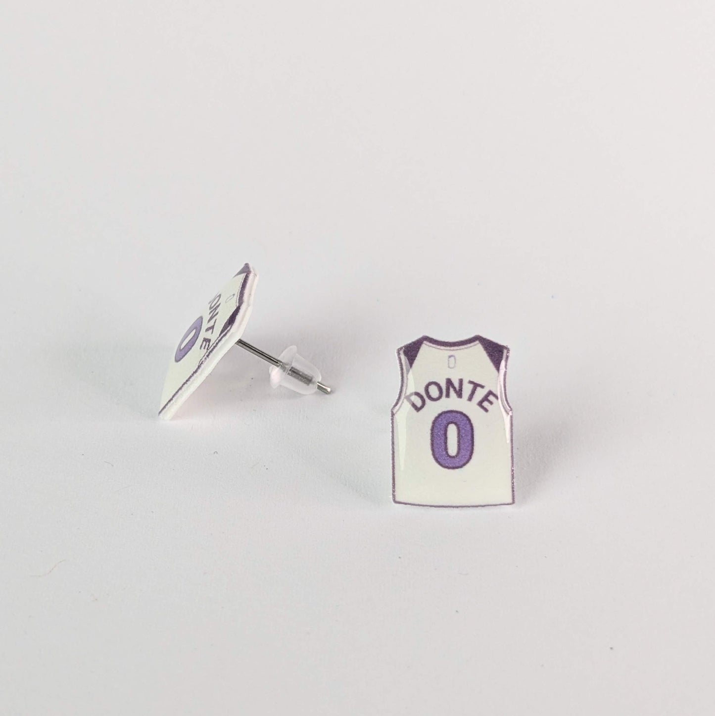 Basketball jersey earrings with 'Donte' and number '0' on a light gray background
