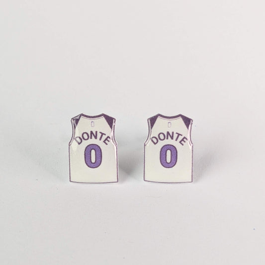 Two miniature basketball jersey earrings with 'Donte' and number '0' on a light gray background