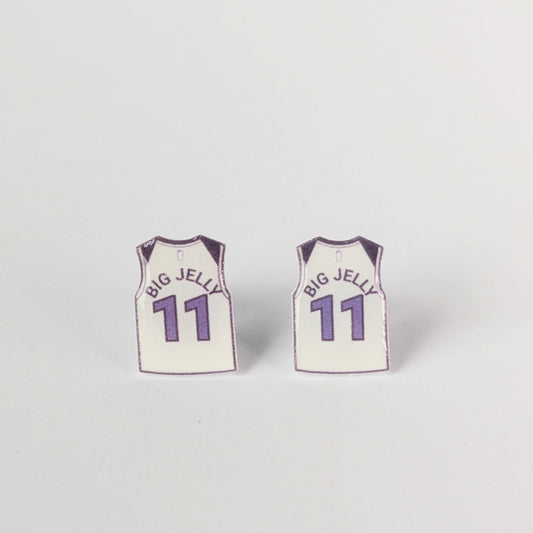Two basketball jersey earrings with 'BIG JELLY' and number '11' on a light gray background
