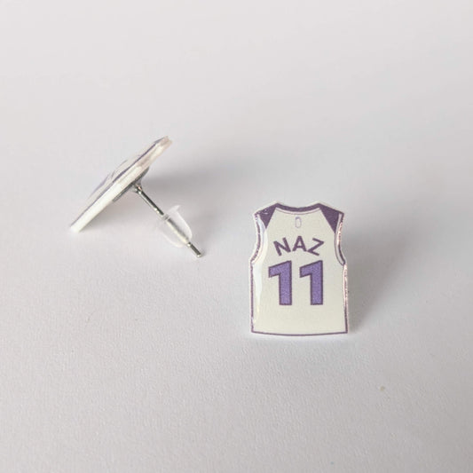 Basketball jersey earrings with 'NAZ' and number '11' on a gray background