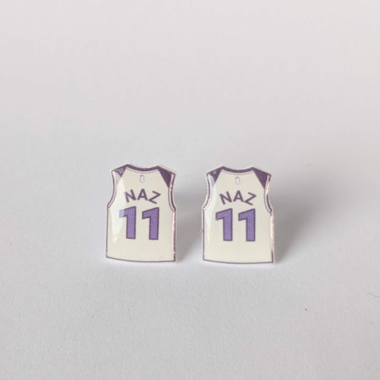 Basketball jersey earrings with 'NAZ' and number '11' on a light gray background