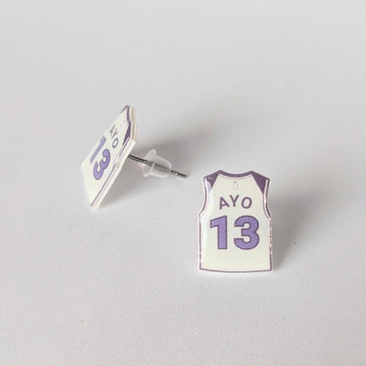 Basketball jersey earrings with 'Ayo' and number '13' on a light gray background