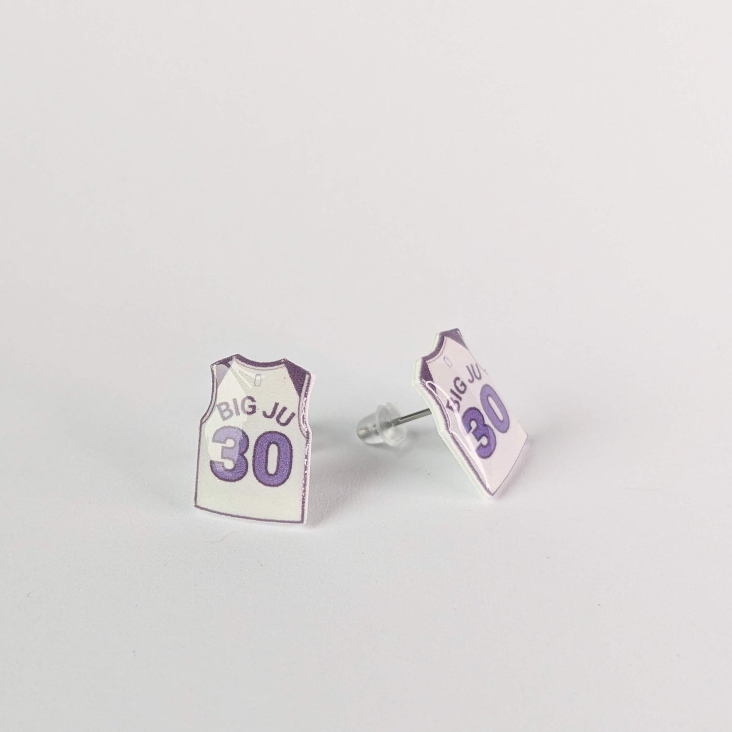 Earrings shaped like miniature sports jerseys with 'BIG JU' and number '30' on a light gray background