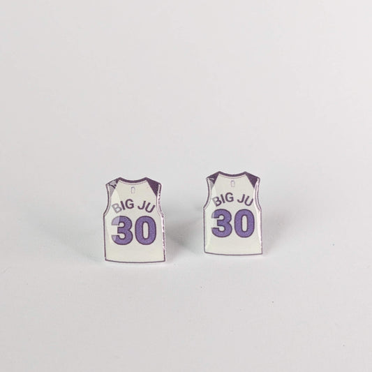 Basketball jersey earrings with 'BIG JU' and number '30' on a light gray background