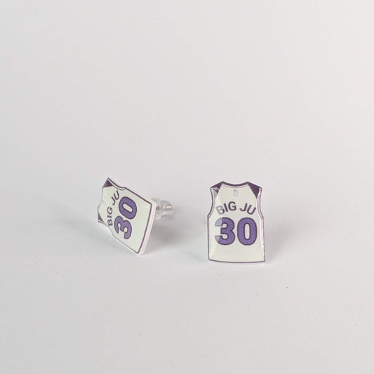 Earrings shaped like miniature sports jerseys with 'BIG JU' and number '30' on a light gray background