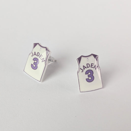 Basketball jersey earrings with 'Jaden' and number '3' on a light gray background