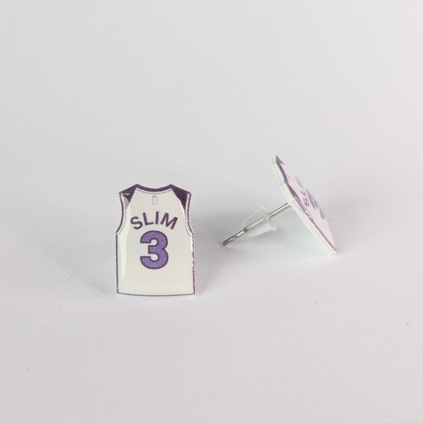 Basketball jersey earrings with 'Slim' and number '3' on a light gray background