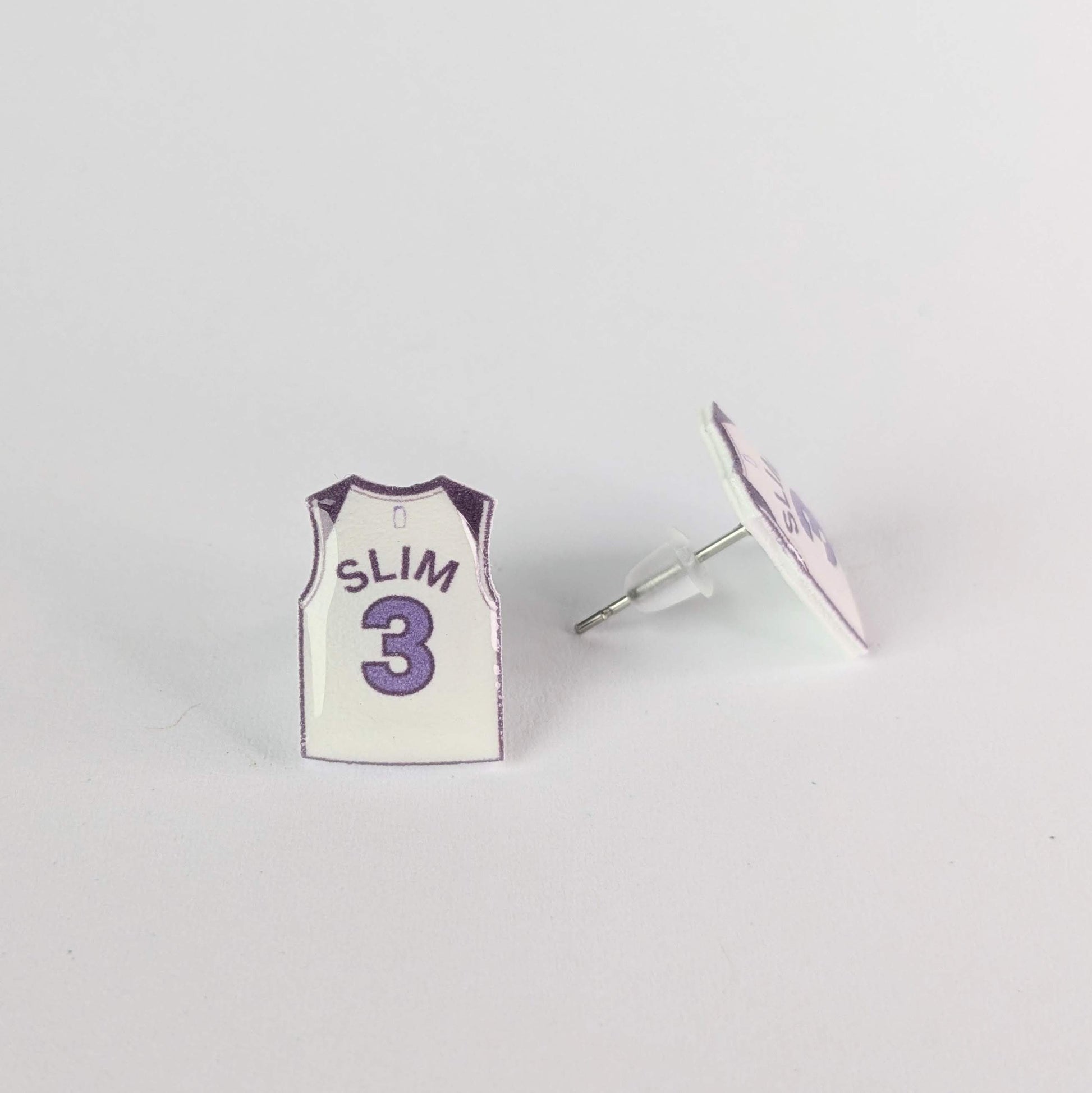 Basketball jersey earrings with 'Slim' and number '3' on a light gray background