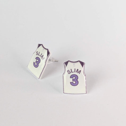 Basketball jersey earrings with 'SLIM' and number '3' on a light gray background