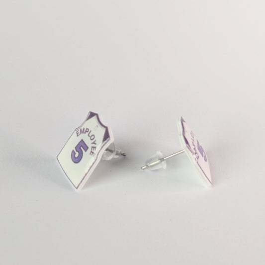 Pair of earrings with 'Employee 5' design on a light gray background