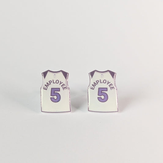Two miniature jerseys with 'Employee 5' text on a light gray background