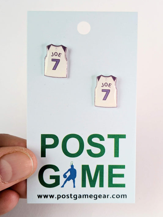 Basketball jersey earrings on a 'POST GAME' branded card